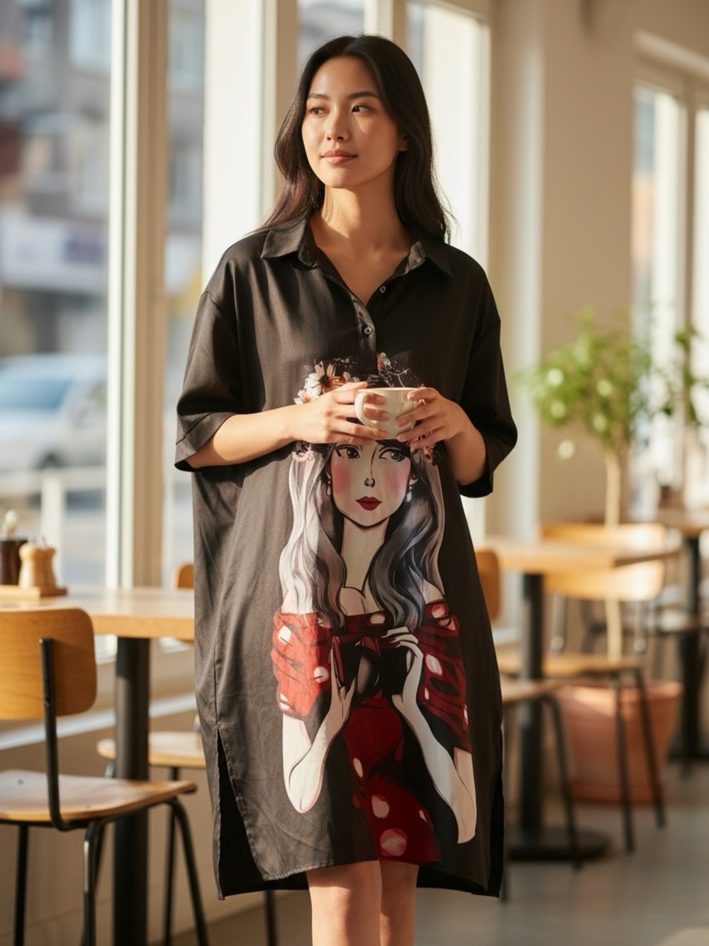 Ming Wang Black Midi Shirt Dress with Red and White Graphic